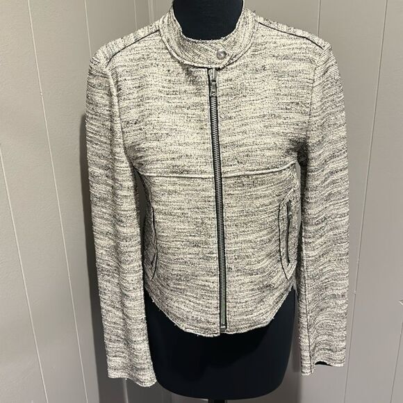 THEORY Bavewick Branson Moto Jacket Nubby Black/Cream Raw Hem. Zipper Front. - Picture 4 of 11